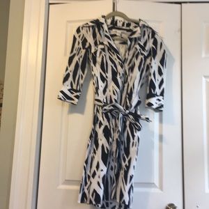 Black and white patterned DVF wrap dress